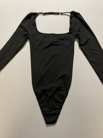 Women's Black Bodysuit - Solid Front Backless Thong Size Small