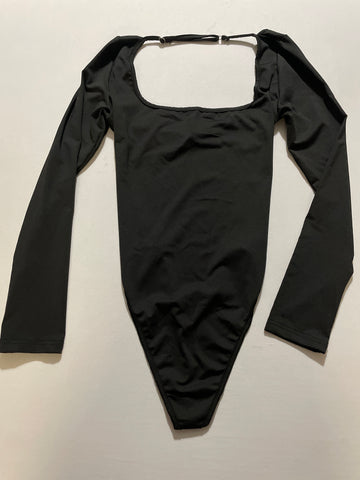 Women's Black Bodysuit - Solid Front Backless Thong Size Small