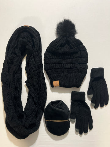 Lorome Winter Hat Set - Black Hat Gloves Scarf Earmuffs 4-Piece