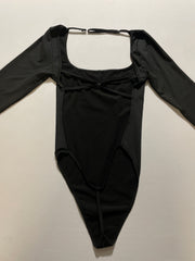 Women's Black Bodysuit - Solid Front Backless Thong Size Small