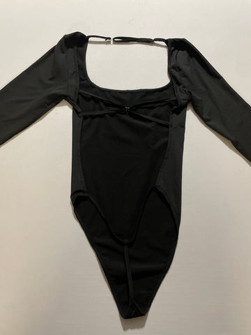 Women's Black Bodysuit - Solid Front Backless Thong Size Small