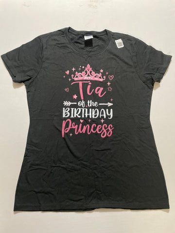 Port Company Women's T-shirt - Tia of the Birthday Princess Black with Pink Design Size Small