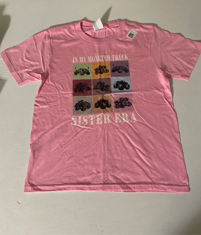 Kids Pink T-Shirt 'In My Monster Truck Sister ERA' - Size Small